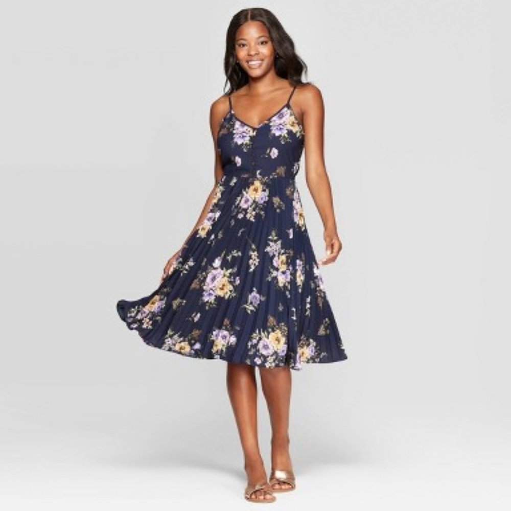 Navy Floral Pleated Midi Dress